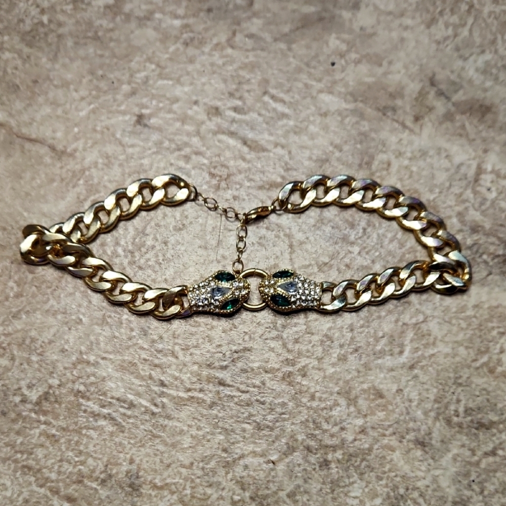 Gold Chain Choker with Green Crystal Accents